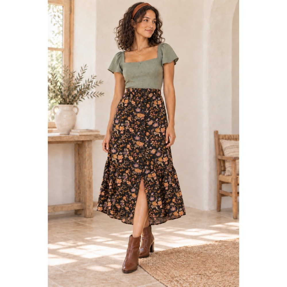 Boho Cottagecore Black Pink Floral ButtonFront Tier Hi Lo Hem Slit Maxi 2 Skirt